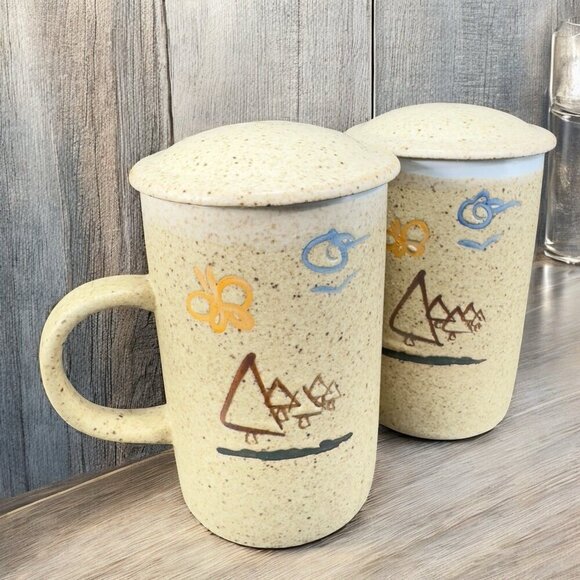 Vintage Hand Made Ceramic Coffee Mug Cup Set 2 With Lid Brown Speckled Mugs Cups - Picture 1 of 13